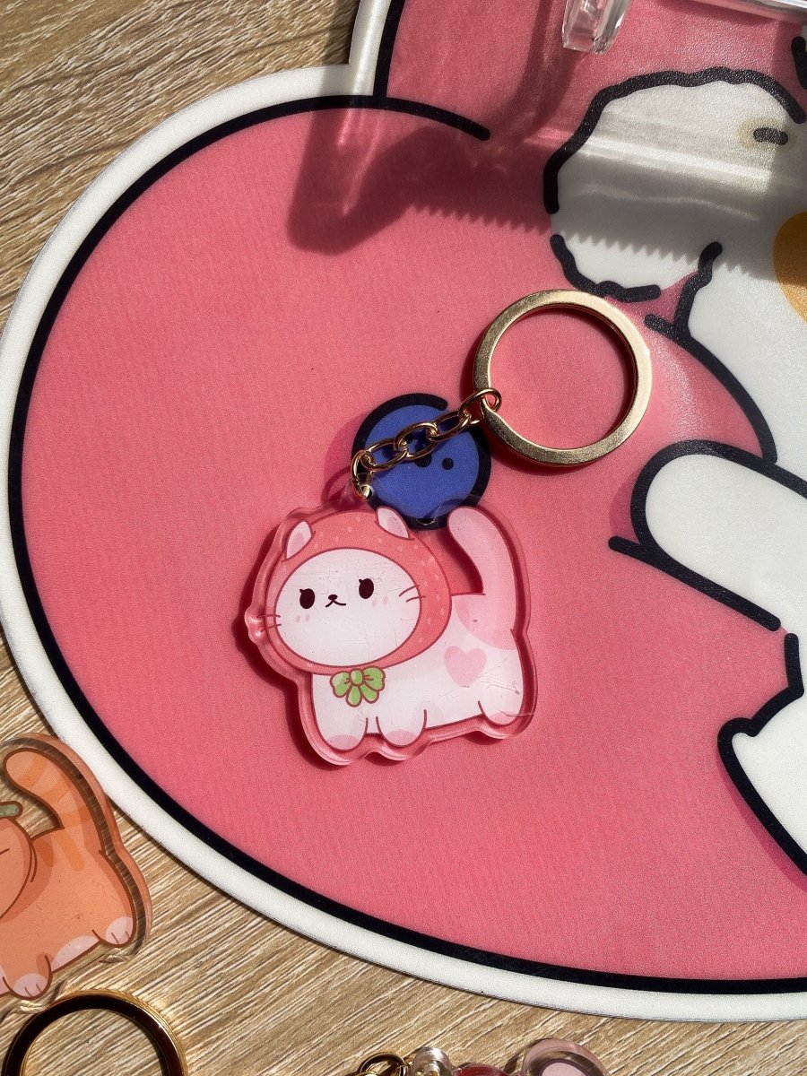 Strawberry Hat Cat Keychain - stickersbysuzie