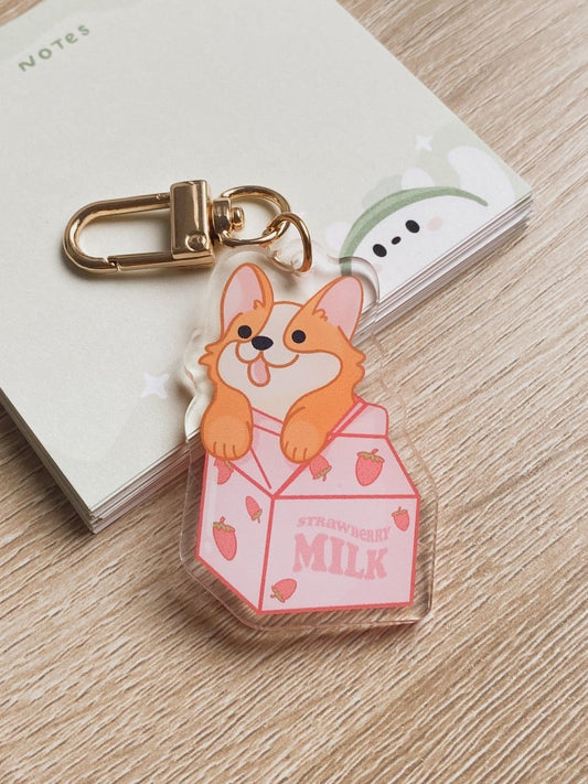 Strawberry Milk Corgi Keychain - stickersbysuzie